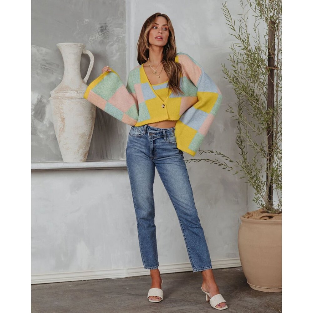 Wynwood Walls Knit Checkered Wide Sleeve Button Front Cardigan in Yellow Multi